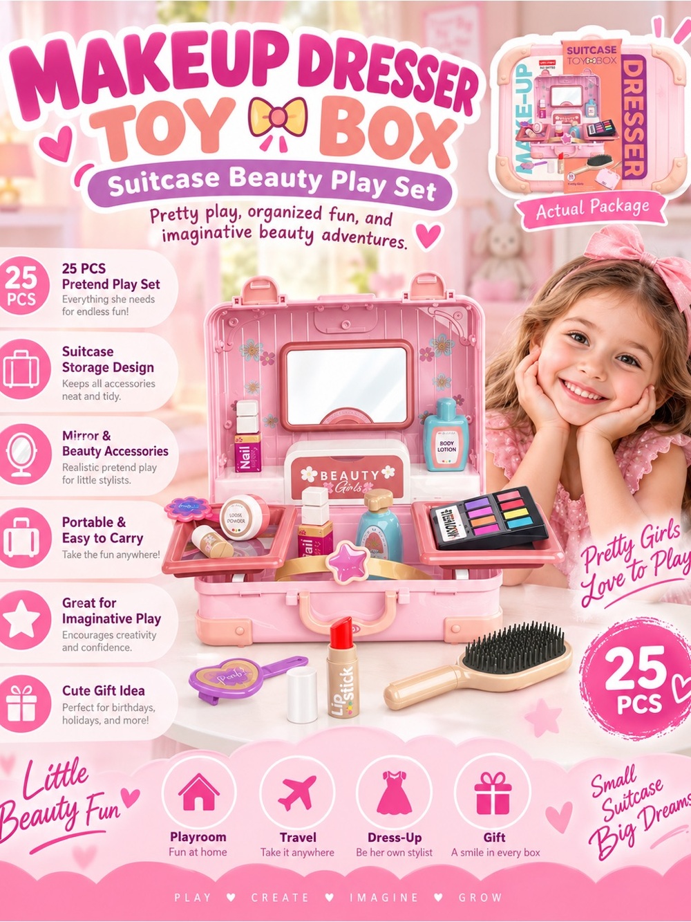 Makeup Dresser Toy Box - Pink Suitcase Beauty Play Set for Kids